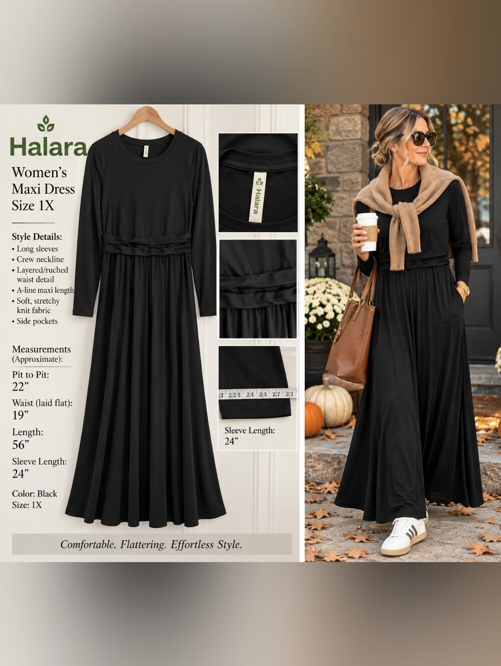 HALARA Black Long-Sleeve Maxi Dress with Ruched Waist